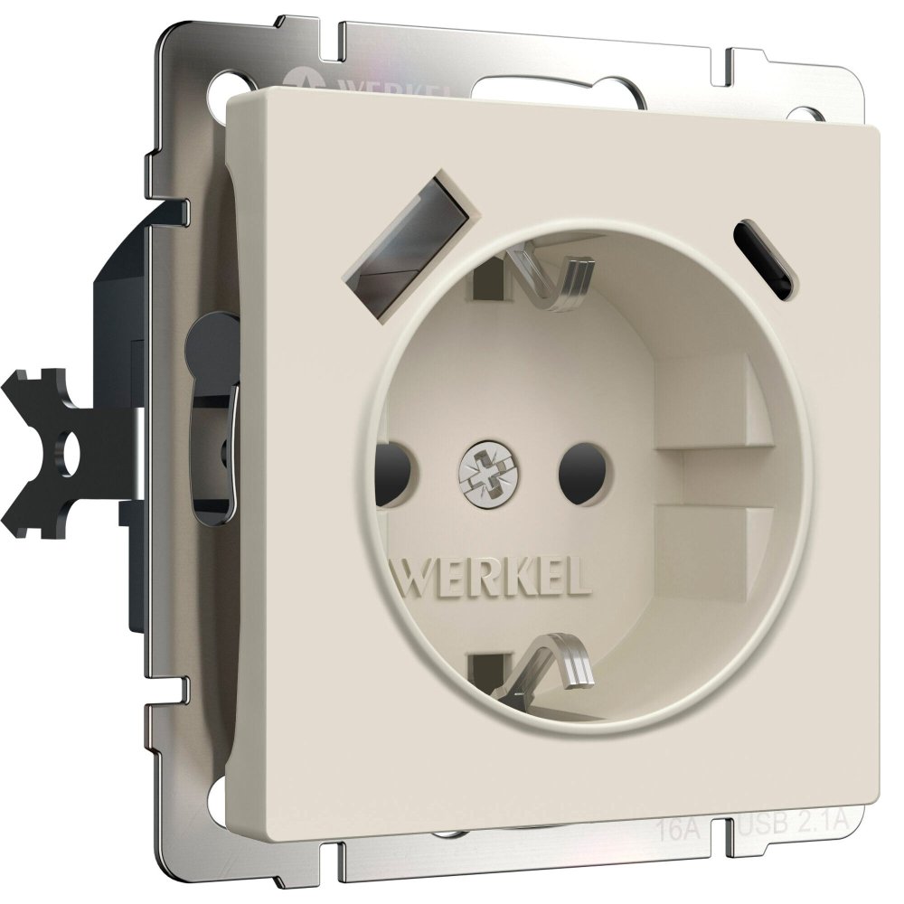 Розетка с заземлением, шторками и USB тип A+C (айвори матовый) W1171762 Werkel a069611